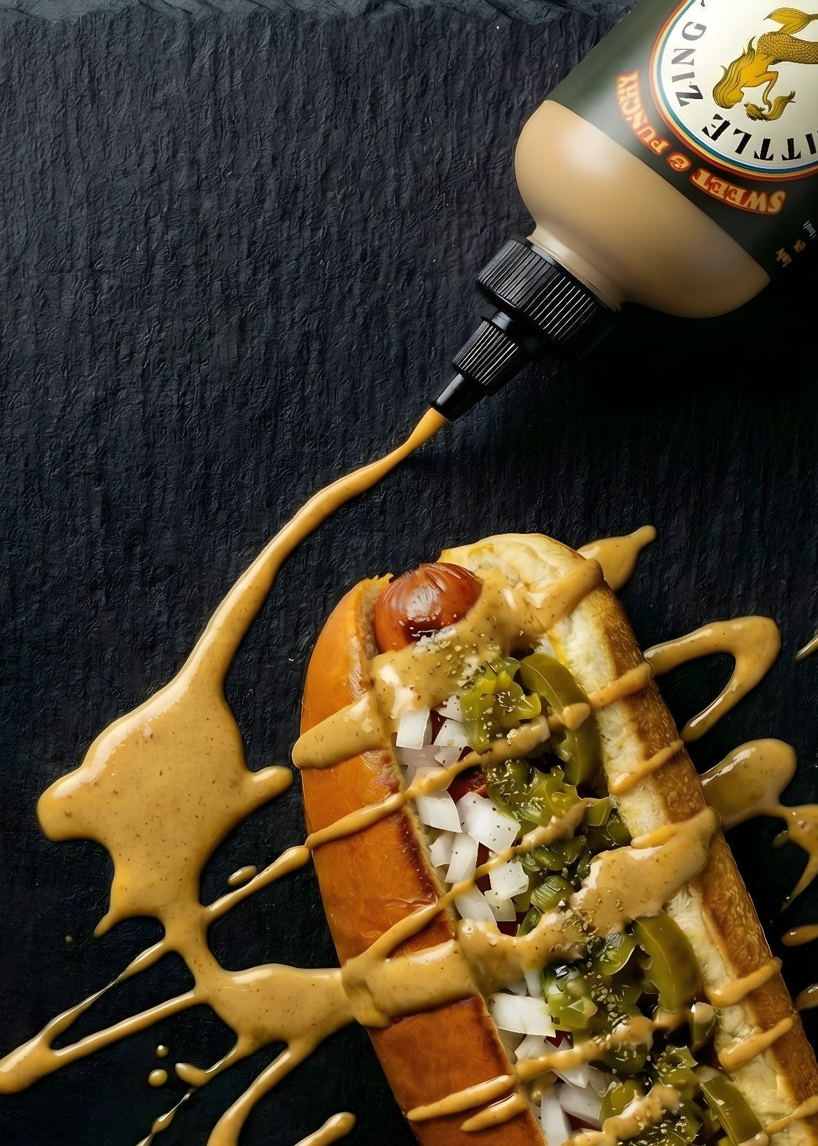 Hot dog with mustard and relish on a dark surface with a bottle of mustard.