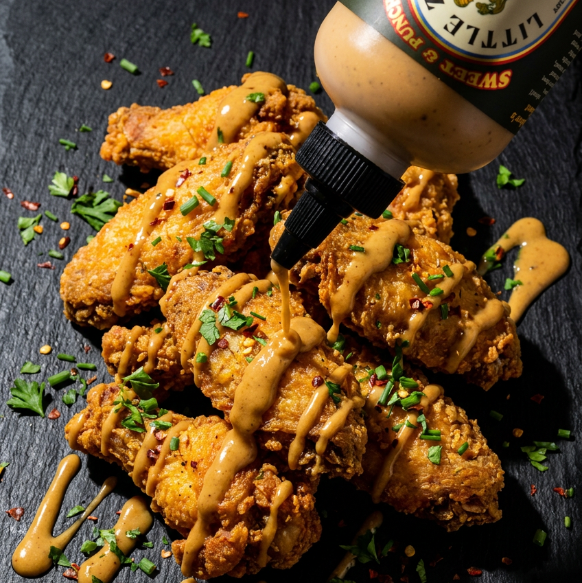 Fried chicken with a sauce being poured over it on a dark surface