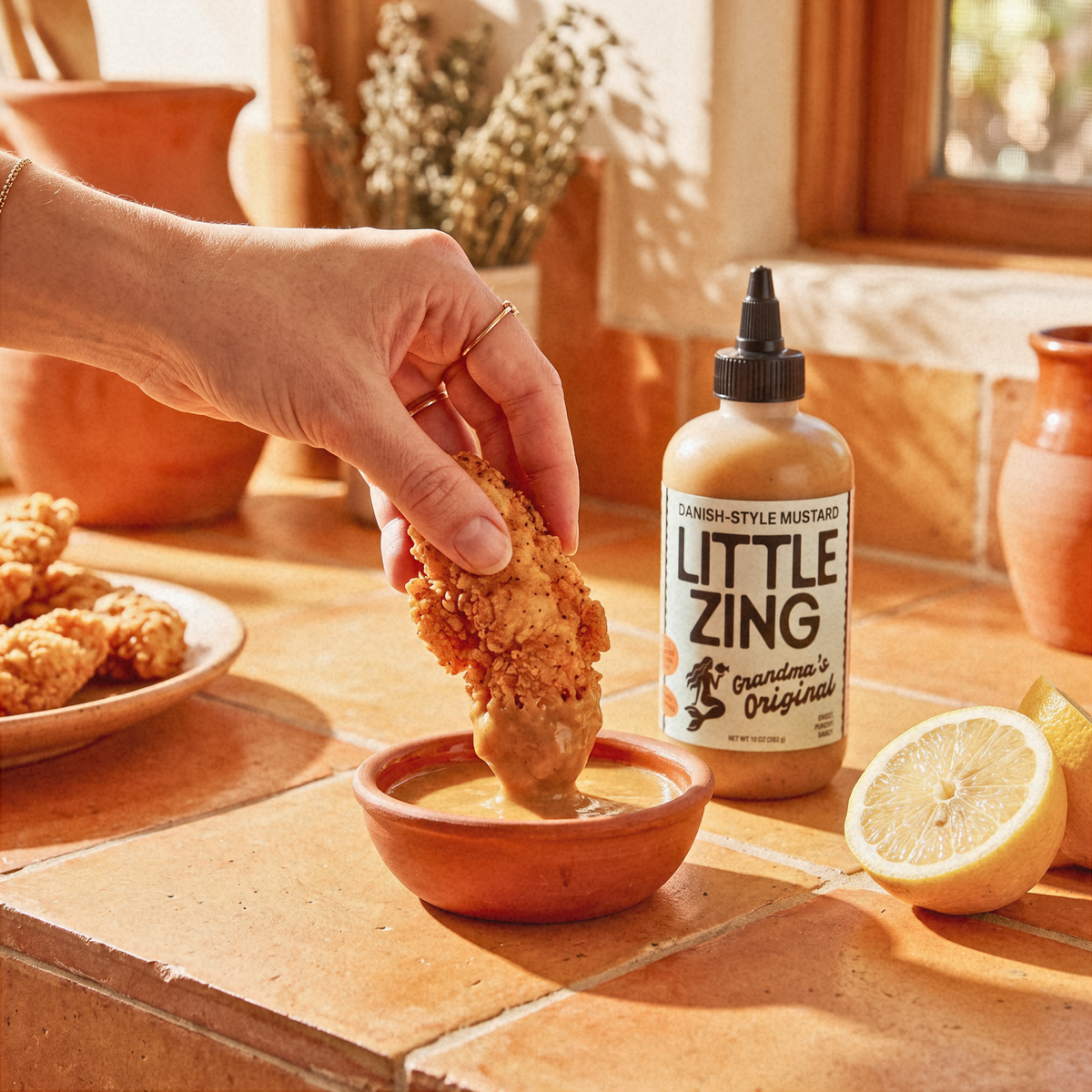 A hand dips a piece of golden-brown fried chicken into a small clay bowl of Little Zing Japanese Style Mustard, with a bottle of the mustard and lemon slices on a terracotta kitchen counter.